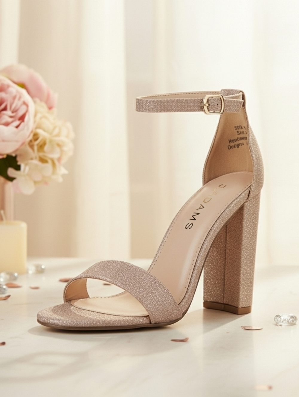 Fine Glitter Shirley By J.Adams Dazzling Block Heel Sandal - Champagne  (Blush)